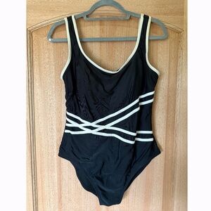 Striped Black and White One Piece Swimsuit by Catalina Size Large